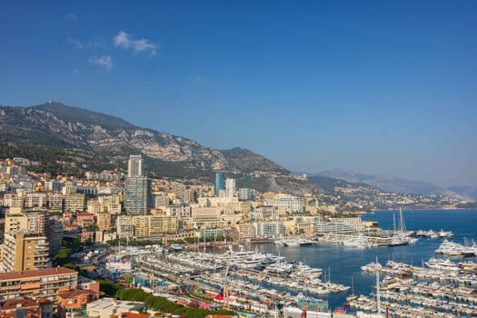 Panoramic view of Monte Carlo marina and cityscape. Principality of Monaco, French Riviera