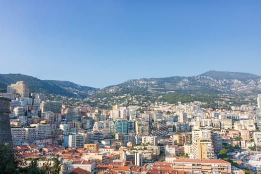 Panoramic view of Monte Carlo marina and cityscape. Principality of Monaco, French Riviera