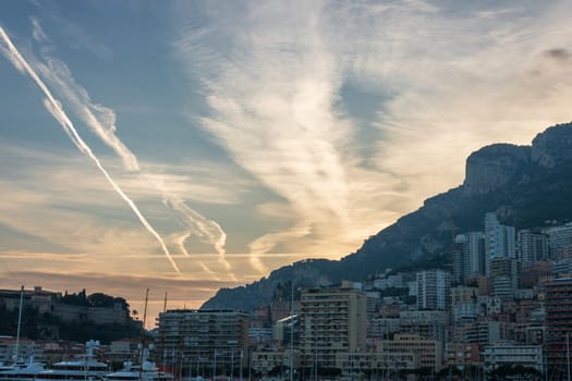 Panoramic view of Monte Carlo marina and cityscape. Principality of Monaco, French Riviera