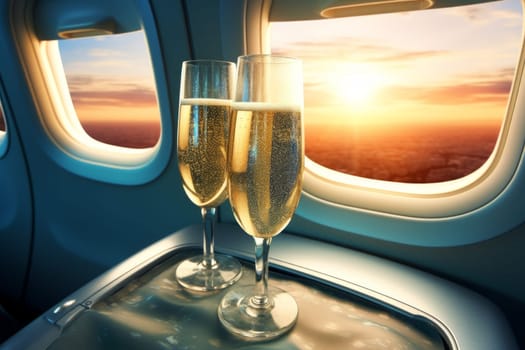 Glasses with champagne on airplane flight. Luxury private plane VIP service. Generate ai