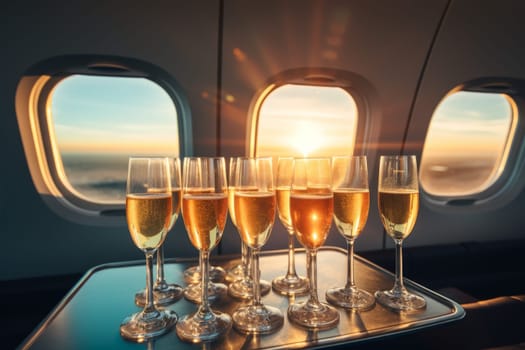 Luxurious Glasses with champagne on airplane flight. Luxury private plane VIP service. Generate ai