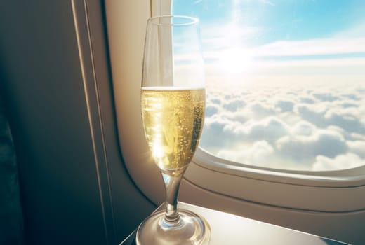Gleaming Glasses with champagne on airplane flight. Luxury private plane VIP service. Generate ai
