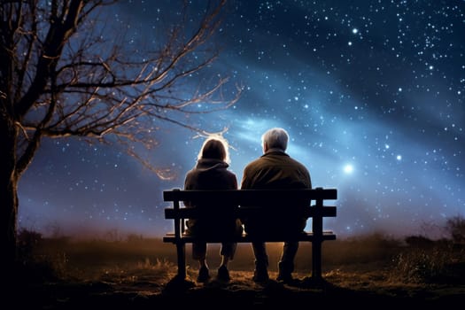 Grandparents sitting on bench. Night stars sky. Generate Ai