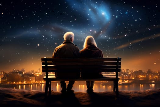 Grandparents sitting on bench. Night stars sky. Generate Ai