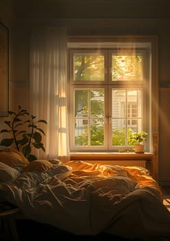 A bedroom with hardwood floors, a bed against the wall, a window with sunlight shining through, casting tints and shades on the room