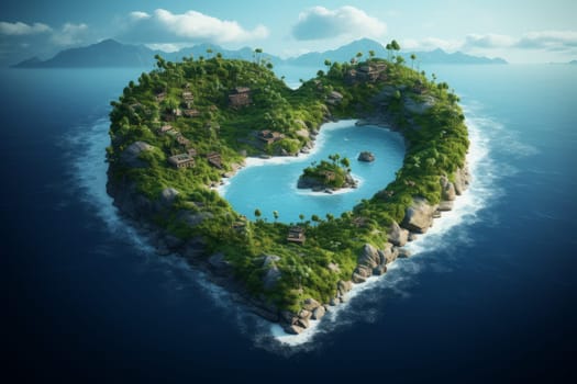 Picturesque Heart island shape summer. Shaped forest. Generate Ai