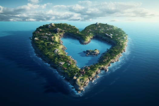 Idyllic Heart island shape summer. Shaped forest. Generate Ai