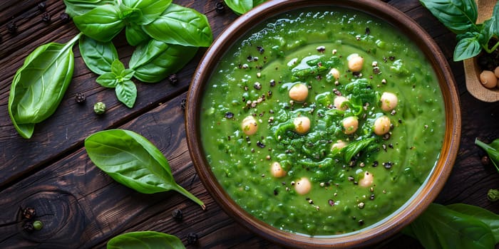 A delicious bowl of green soup made with chickpeas and basil, displayed on a rustic wooden table. A perfect combination of plantbased ingredients for a healthy meal