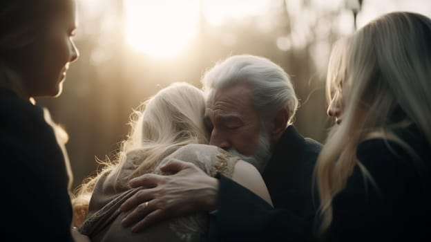 Senior man hugging young women, backlight by the sun - death and funeral concept - Generative AI