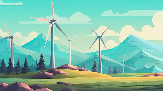 Artistic rendering of windmills amidst rolling hills and mountains - Generative AI