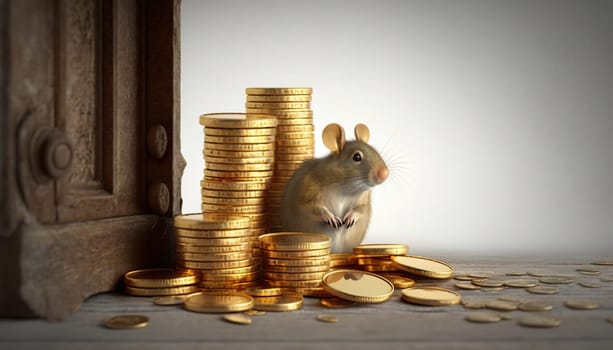Mouse beside a towering stack of gold coins near an open vault, symbolizing wealth and savings - tooth fairy - generative AI