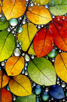 A vibrant pattern of autumn leaves with water droplets - Generative AI