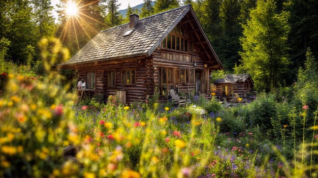 Cozy log cabin in a vibrant wildflower meadow at sunrise - Generative AI