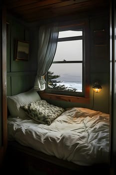 A bedroom furnished with a hardwood bed frame, comfortable bed, and a window offering a picturesque view of the ocean. The wood floor adds warmth and charm to the room