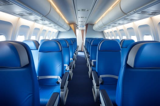 Luminous Empty aircraft blue interior light. People chair. Generate Ai