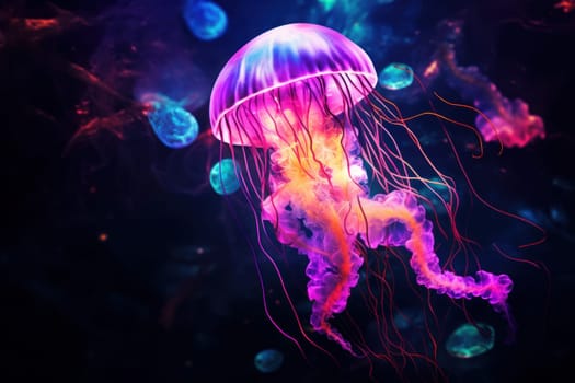 Ethereal Jellyfish glowing pink underwater color. Flower deep. Generate AI