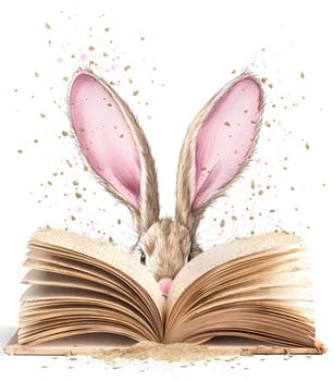 A rabbit with magenta ears is peeking out of a publication made of natural material. The petallike ears contrast beautifully with the wood and font of the book