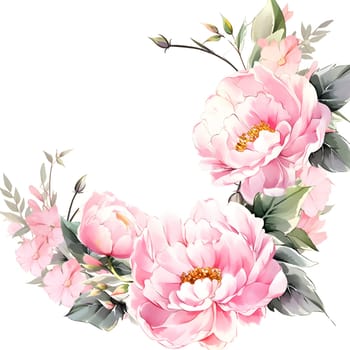 A creative arts piece featuring a wreath of pink petals and green leaves on a white background, resembling a painting in flower arranging with artificial flowers