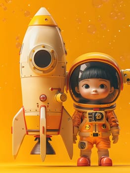 A little girl in a space suit stands next to a toy rocket made out of plastic Lego pieces. The fictional characters helmet is painted in carmine red. Its a work of art in a spacethemed setting