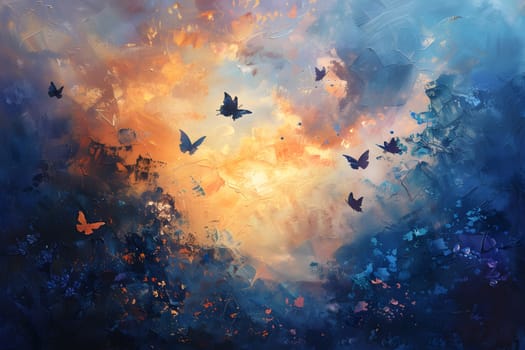 A breathtaking painting of butterflies in a sunset sky, surrounded by cumulus clouds and golden sunlight, creating a stunning natural landscape