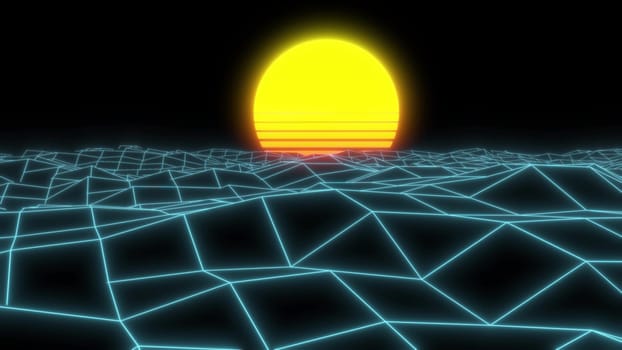 Neon cyber background grid sun 80 3d render