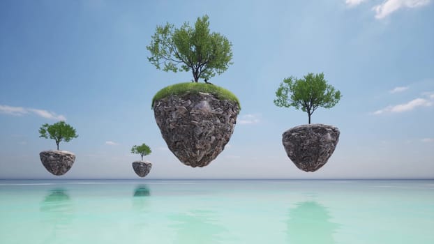 Floating islands whit three over the ocean sunny weather 3d render