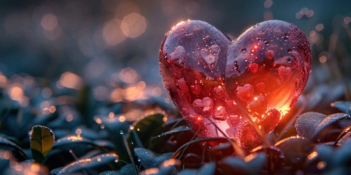 3D heart with pink roses, against a background of clouds.