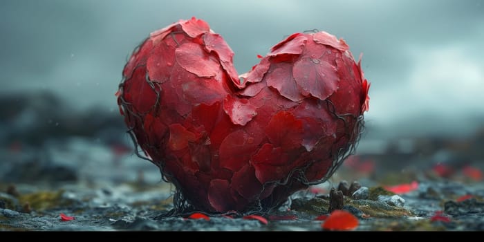 3D heart with pink roses, against a background of clouds.