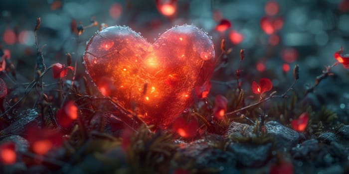 3D heart with pink roses, against a background of clouds.