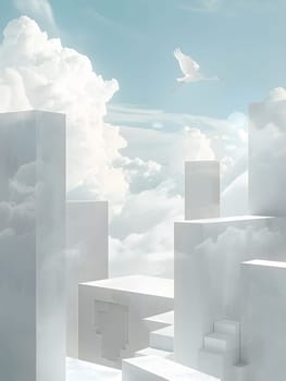 A bird soars above an urban landscape filled with skyscrapers and tower blocks, the city hidden beneath a blanket of cumulus clouds in the sky