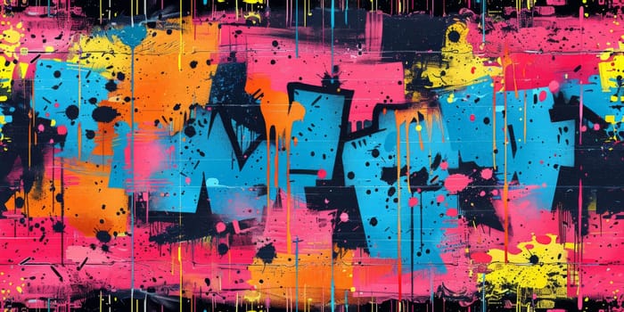 Colorful graffiti print. Seamless pattern with different text and graphic elements inspired by street art. Template for cards, covers and textile design. On black background.