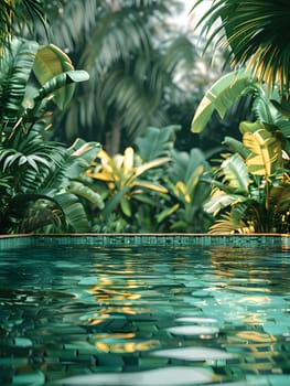 A pool of water surrounded by lush tropical plants and trees, creating a natural oasis with vibrant greenery and a serene atmosphere