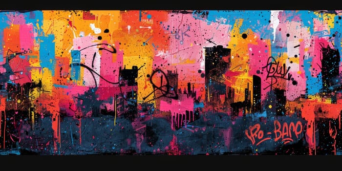 Colorful graffiti print. Seamless pattern with different text and graphic elements inspired by street art. Template for cards, covers and textile design. On black background.