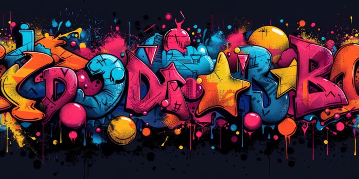 Colorful graffiti print. Seamless pattern with different text and graphic elements inspired by street art. Template for cards, covers and textile design. On black background.