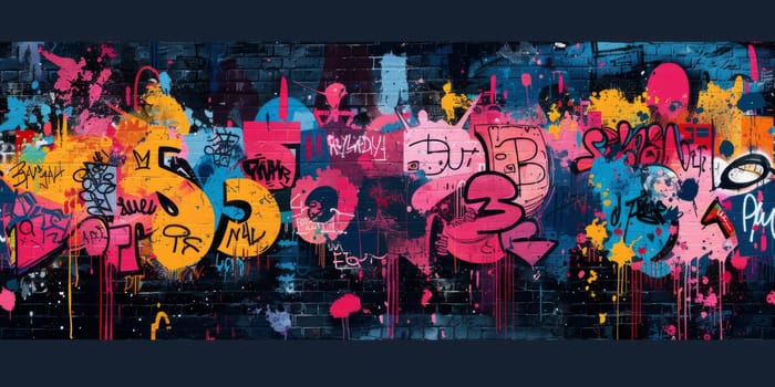 Colorful graffiti print. Seamless pattern with different text and graphic elements inspired by street art. Template for cards, covers and textile design. On black background.