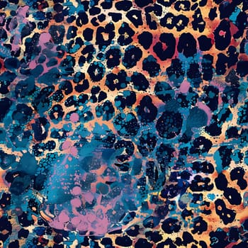 A colorful seamless leopard print background with splatters of paint. The background is a mix of blue, pink, and yellow.