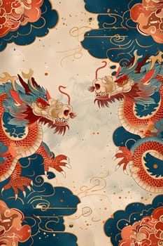 A textile art piece featuring a vibrant pattern of two dragons flying in the sky. The electric blue and magenta colors create symmetry in this visually stunning artwork