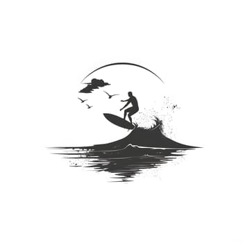 A surfer is gracefully gliding on a liquid canvas, riding a wave on a surfboard in the ocean. The tail of the board leaves a trail like a seabird in monochrome photography