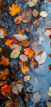 An abstract composition of colorful autumn leaves floating on a reflective water surface of a pond. Neural network generated image. Not based on any actual scene or pattern.