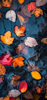 An abstract composition of colorful autumn leaves floating on a reflective water surface of a pond. Neural network generated image. Not based on any actual scene or pattern.