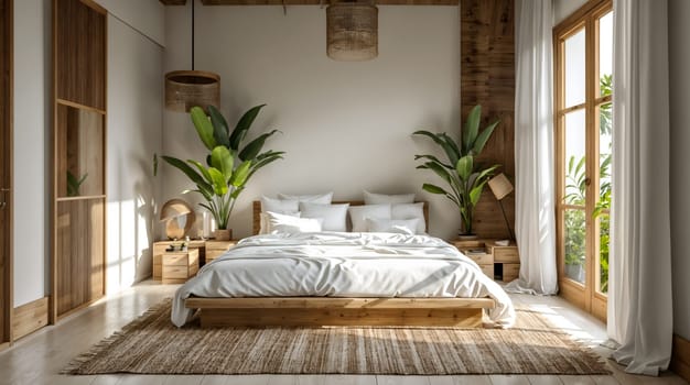 inviting bohemian-style bedroom features abundant natural light, a variety of plants, and a selection of woven and wooden decor, creating a serene and earthy ambiance - Generative AI