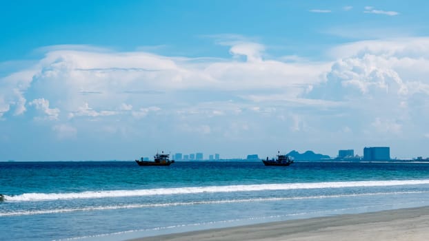 Seascape nature beauty, magic huge cumulus white clouds over blue sea, freedom happiness opportunity.