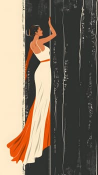 A woman in a flowing white and orange day dress stands gracefully in a doorway, showcasing the elegant design. She holds a microphone, embodying the artistry of performing arts and fashion