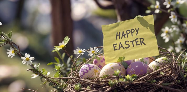 A cheerful Easter setting features a bright yellow note with Happy Easter written on it, placed in a natural nest amongst blooming flowers, symbolizing the spring seasons festivity - Generative AI