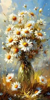 A beautiful painting depicting a bouquet of daisies in a vase against a serene blue background. The artwork captures the essence of nature and tranquility