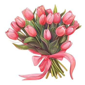 A beautiful bouquet of pink tulips, carefully arranged with a pink ribbon, showcasing the art of flower arranging and creative arts in botany