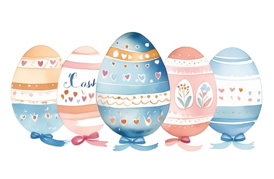 A set of Easter eggs in pastel colors and watercolor painting techniques, isolated on a white background.