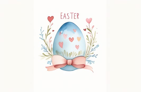 One Easter egg tied with a pink bow in watercolor painting technique, isolated on a white background, pastel color scheme.