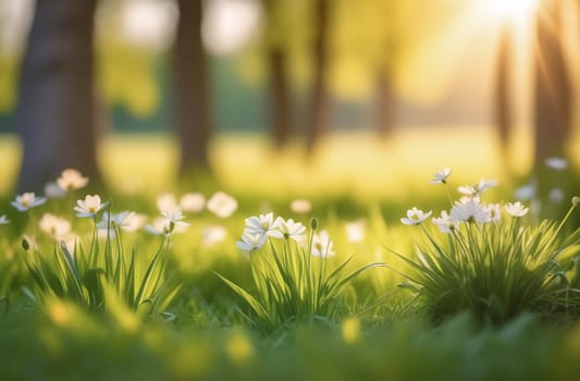 White meadow flowers on the panorama under the rays of the morning sun, Spring and summer nature in soft green and yellow light.