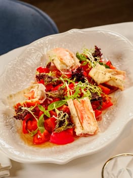 Delicious seafood crab salad on white plate on restaurant table background. Plate with healthy salad made with crab, tomatoes and fresh greens, decorated basil